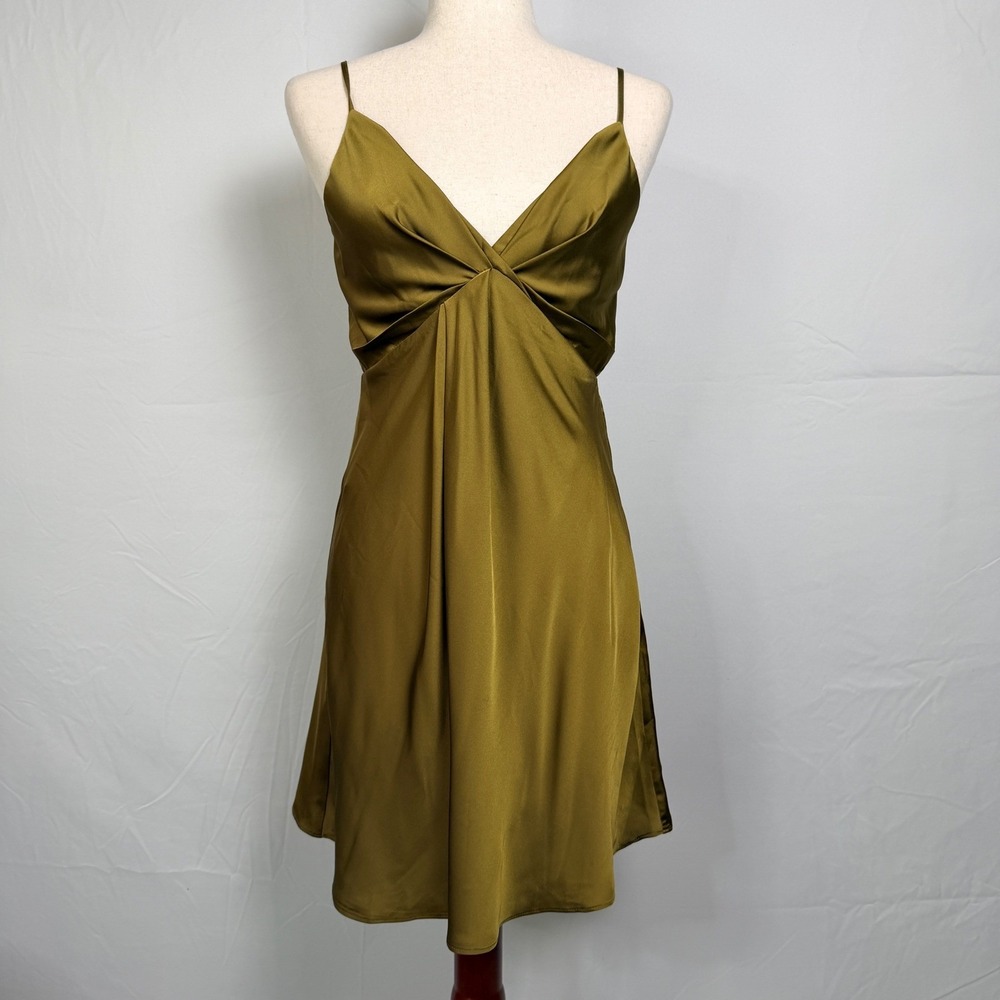 Forever 21 Olive Green Satin Twist Front Mini Slip Dress Adjustable Straps NWT